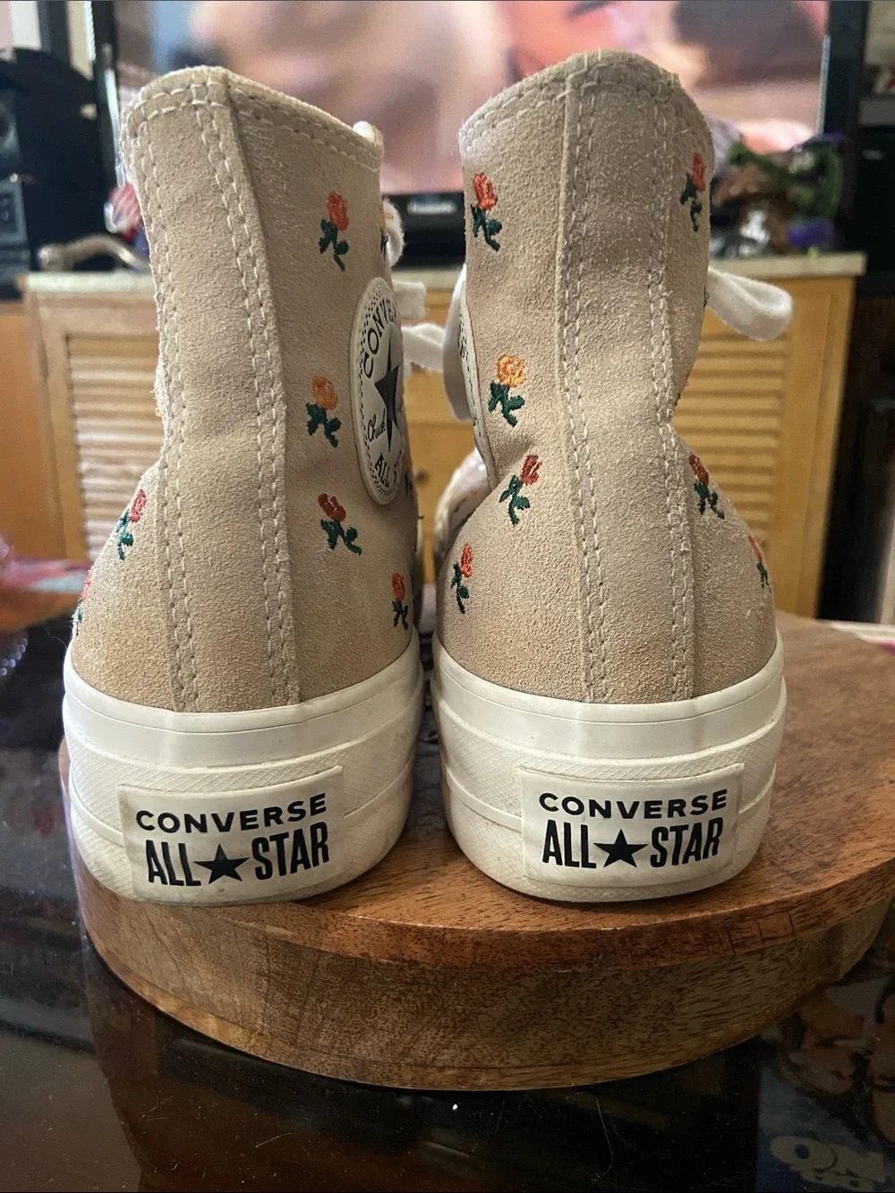 Converse Beige/Pink Floral High-Top Platform Sneakers